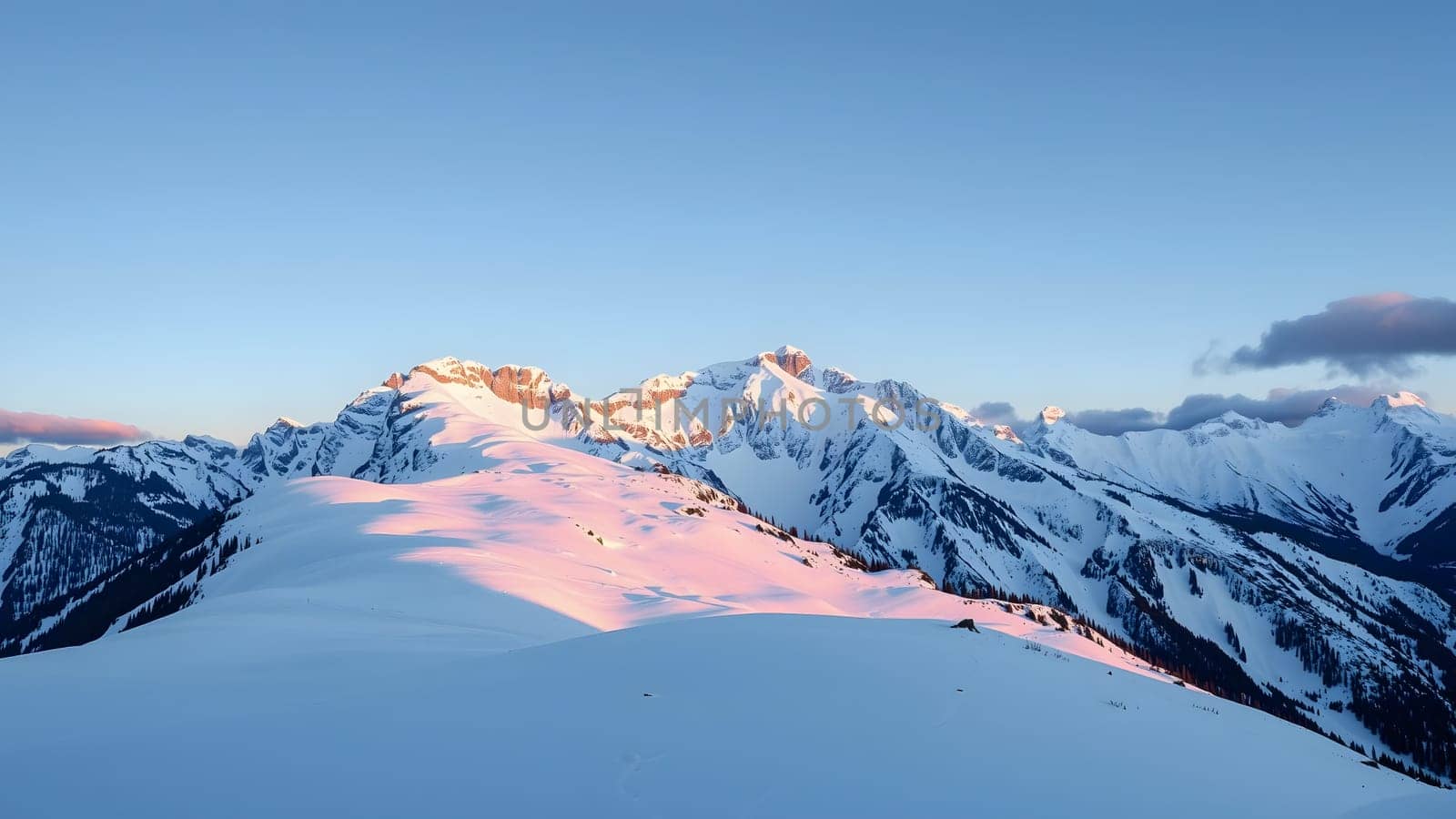 The sun rises over a stunning mountain range, illuminating snow-covered peaks with soft pink hues. A tranquil early morning atmosphere envelops the serene white landscape.