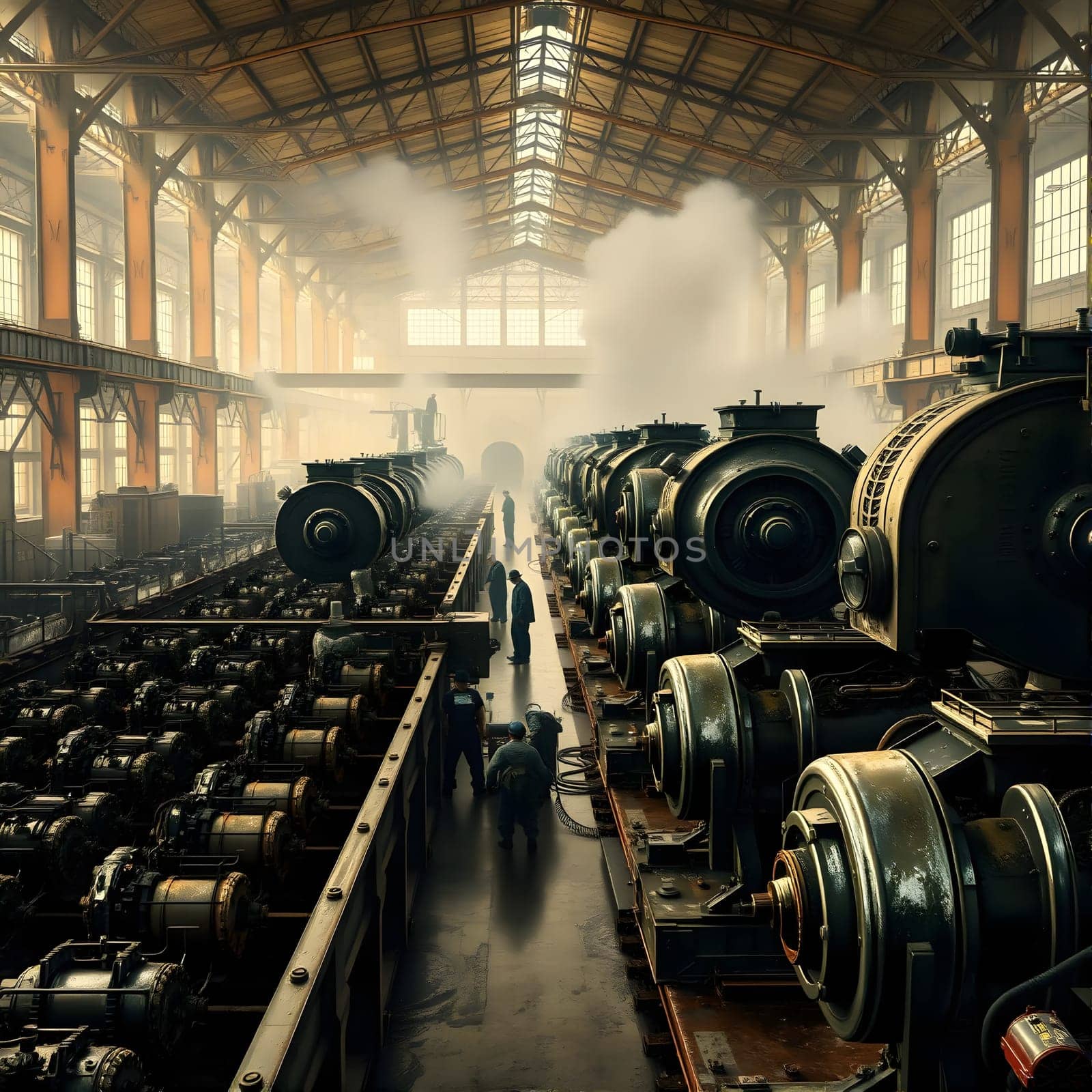 A bustling workshop filled with large machinery and workers engaging in operations. The warm light from the windows highlights the intricate details of the equipment and the busy atmosphere.