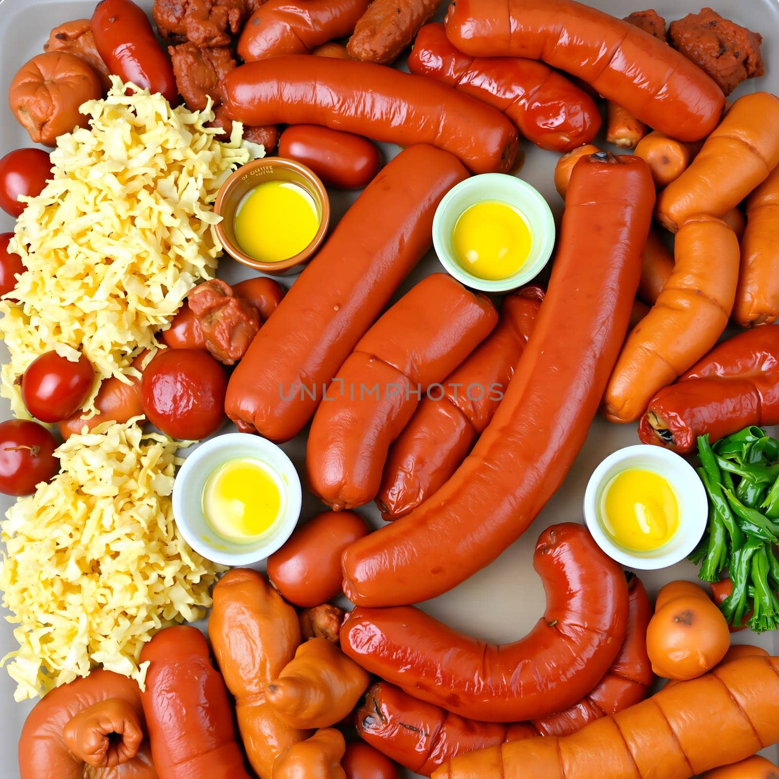 A vibrant display of various sausages, tomatoes, and vegetables laid out on a tray, ready for grilling at an outdoor barbecue gathering on a sunny day.