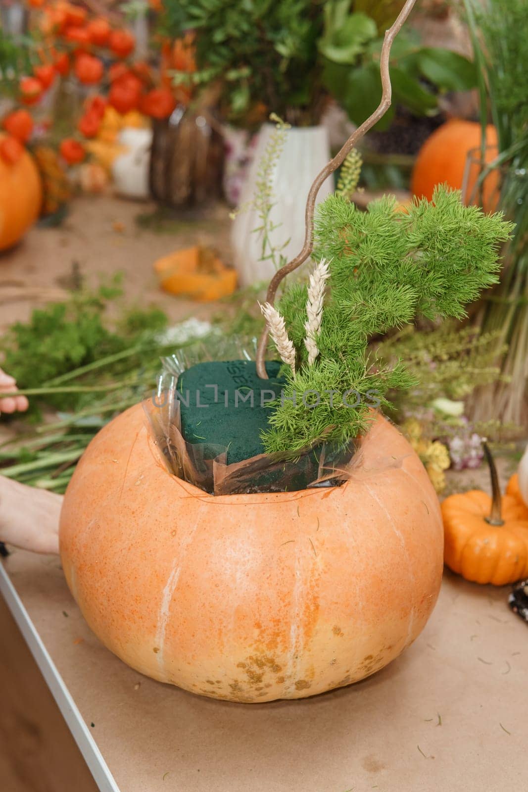 Creating a floral composition in a pumpkin. Making decor with your own hands