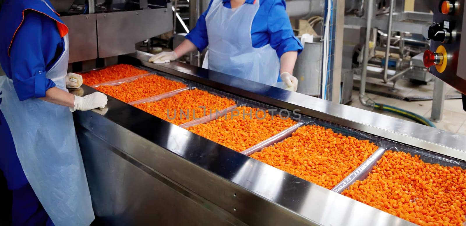 In a food processing facility, workers wearing blue uniforms and gloves handle bright orange snacks as they move along the production line.