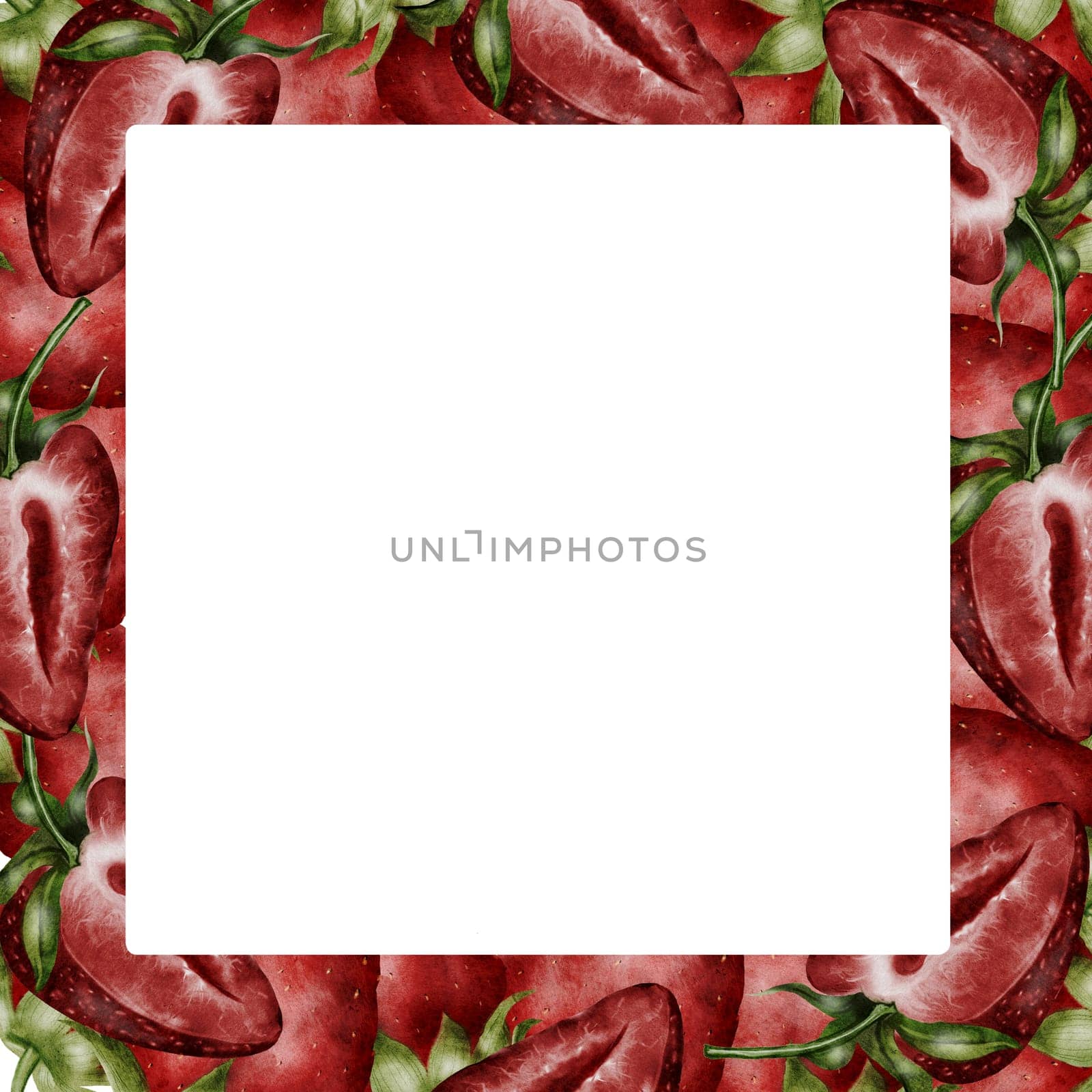 Strawberry watercolor frame. Hand drawn juicy berry realism on isolated white background. Clip art berries. Ideal for fresh food packaging and natural cosmetics stores. High quality illustration