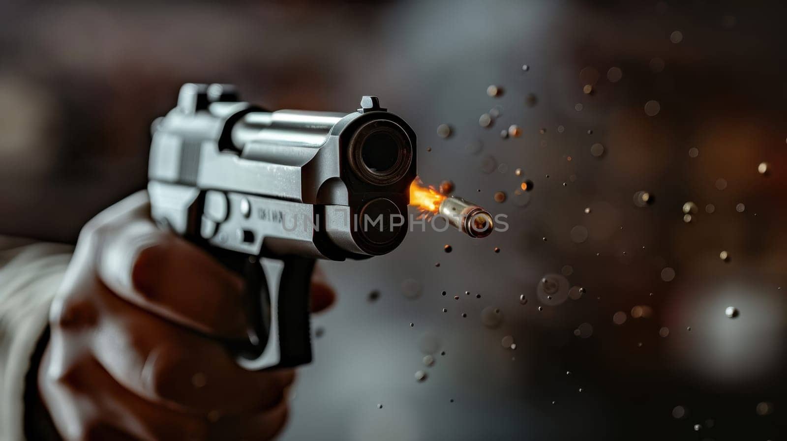 A handgun with a flying bullet. A hand holding a gun on a blurry background.