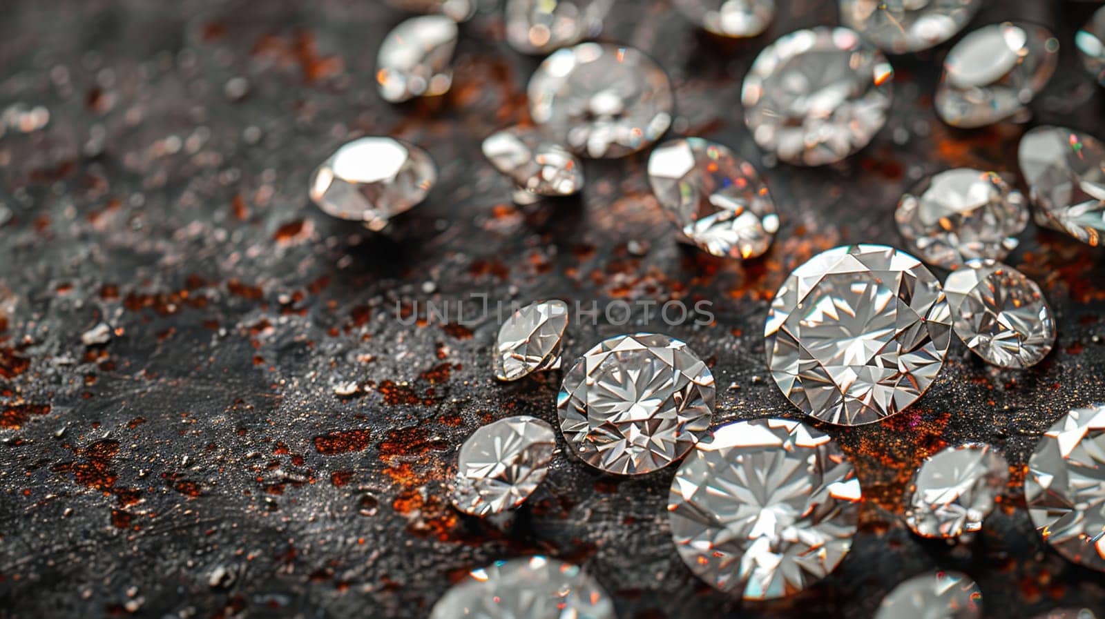 Lots of Realistic Diamonds on the table. Jewels on abstract background.