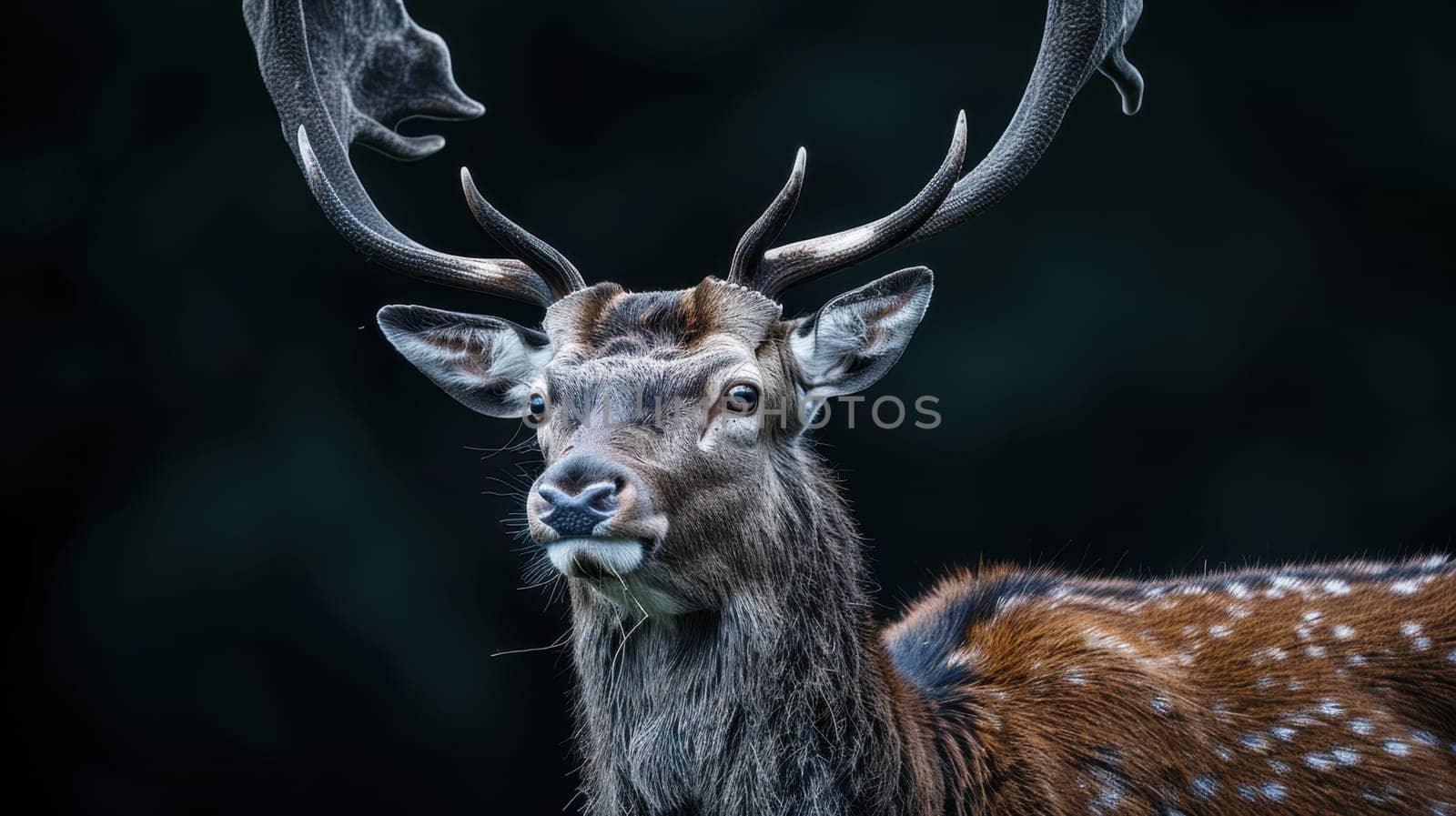 Portrait of a Deer with antlers on a black background. a species of ruminant mammals native to Europe.