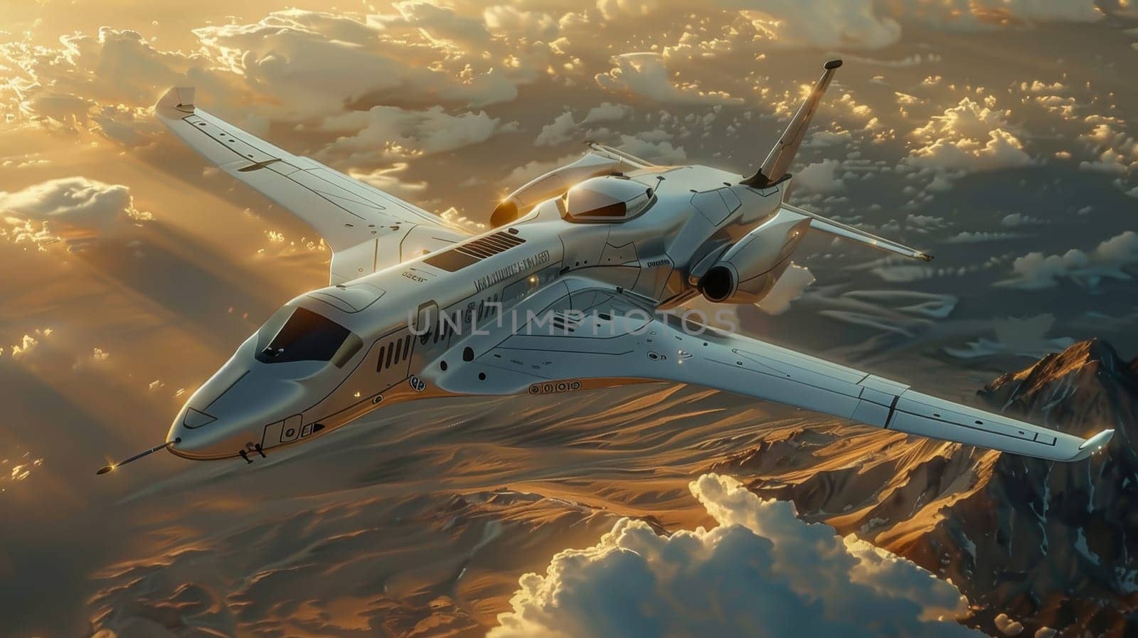 A military fighter jet soars through the sky on a mission. Military aircraft flying over the ground.