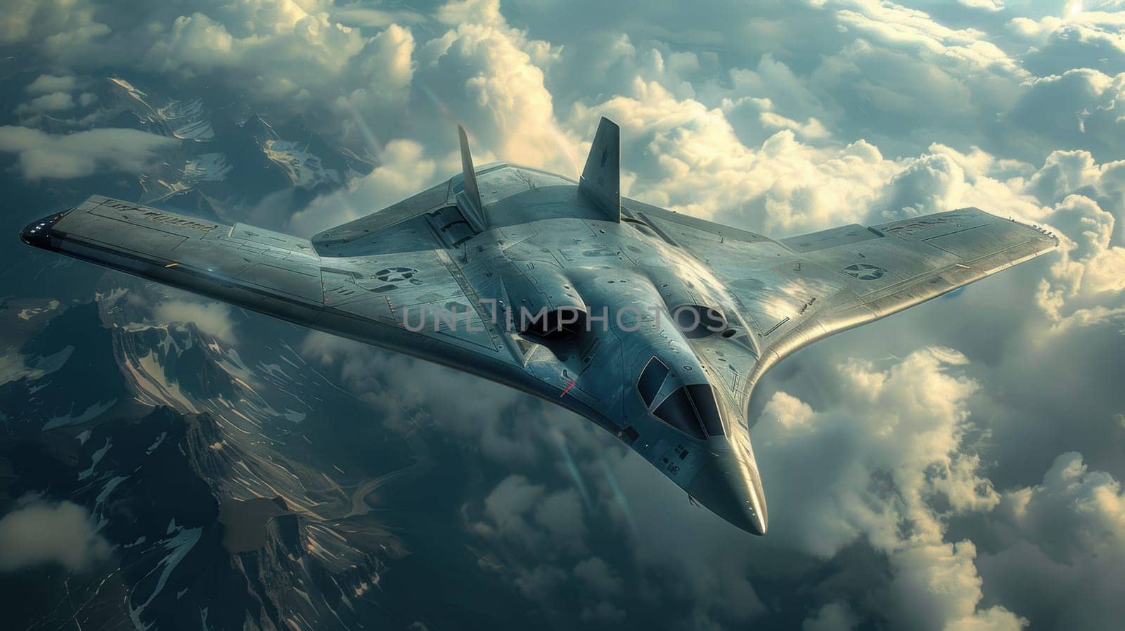A military fighter jet soars through the sky on a mission. Military aircraft flying over the ground.
