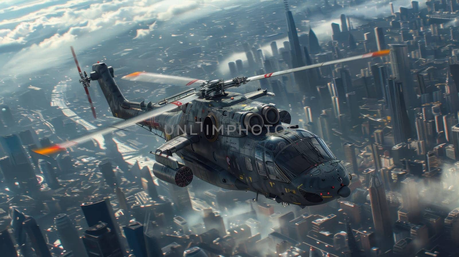 a multi-role military helicopter over the city. Helicopter flying over the city.