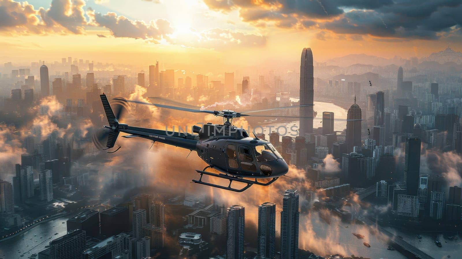 a multi-role military helicopter over the city. Helicopter flying over the city.