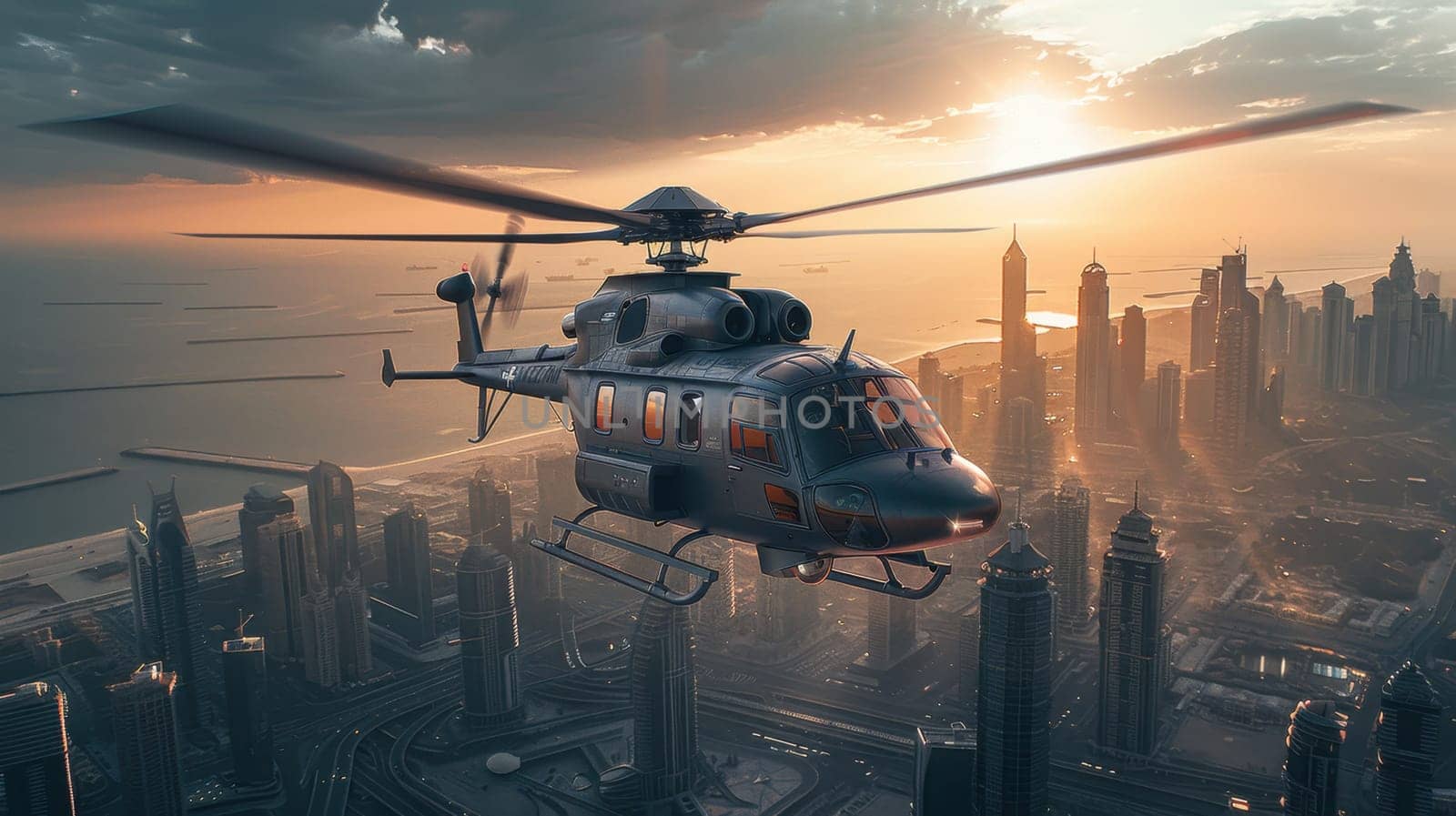 a multi-role military helicopter over the city. Helicopter flying over the city.