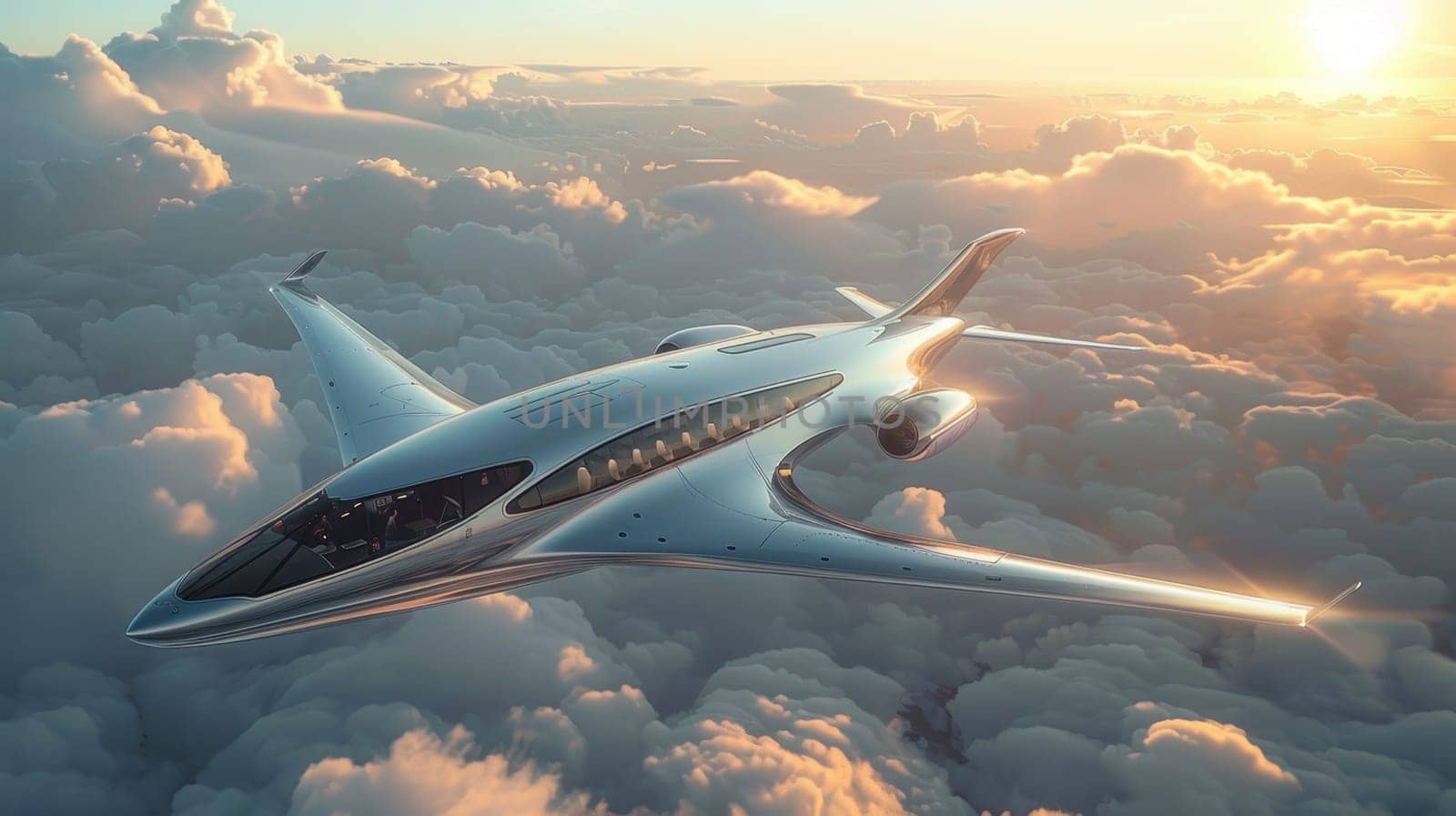Futuristic airplane flying above the clouds. for science fiction or military aviation backgrounds.