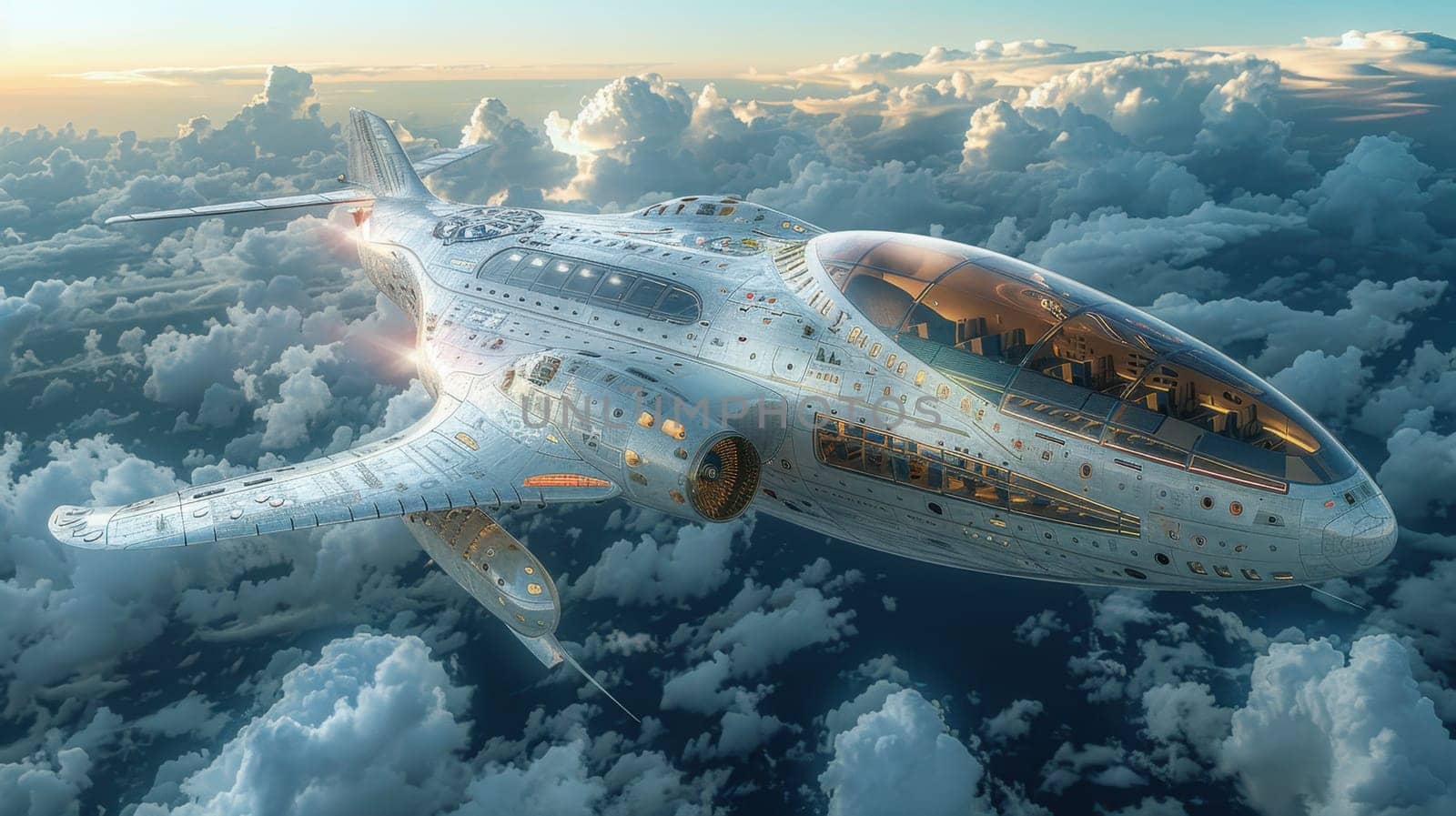Futuristic airplane flying above the clouds. for science fiction or military aviation backgrounds.