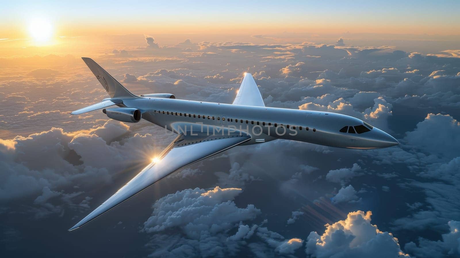 Futuristic airplane flying above the clouds. for science fiction or military aviation backgrounds.
