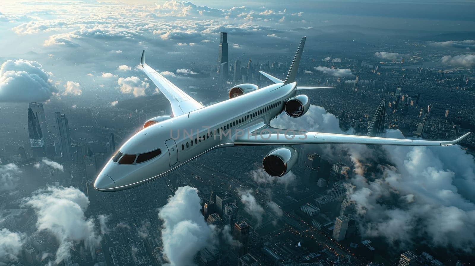 Futuristic airplane flying above the clouds. for science fiction or military aviation backgrounds.