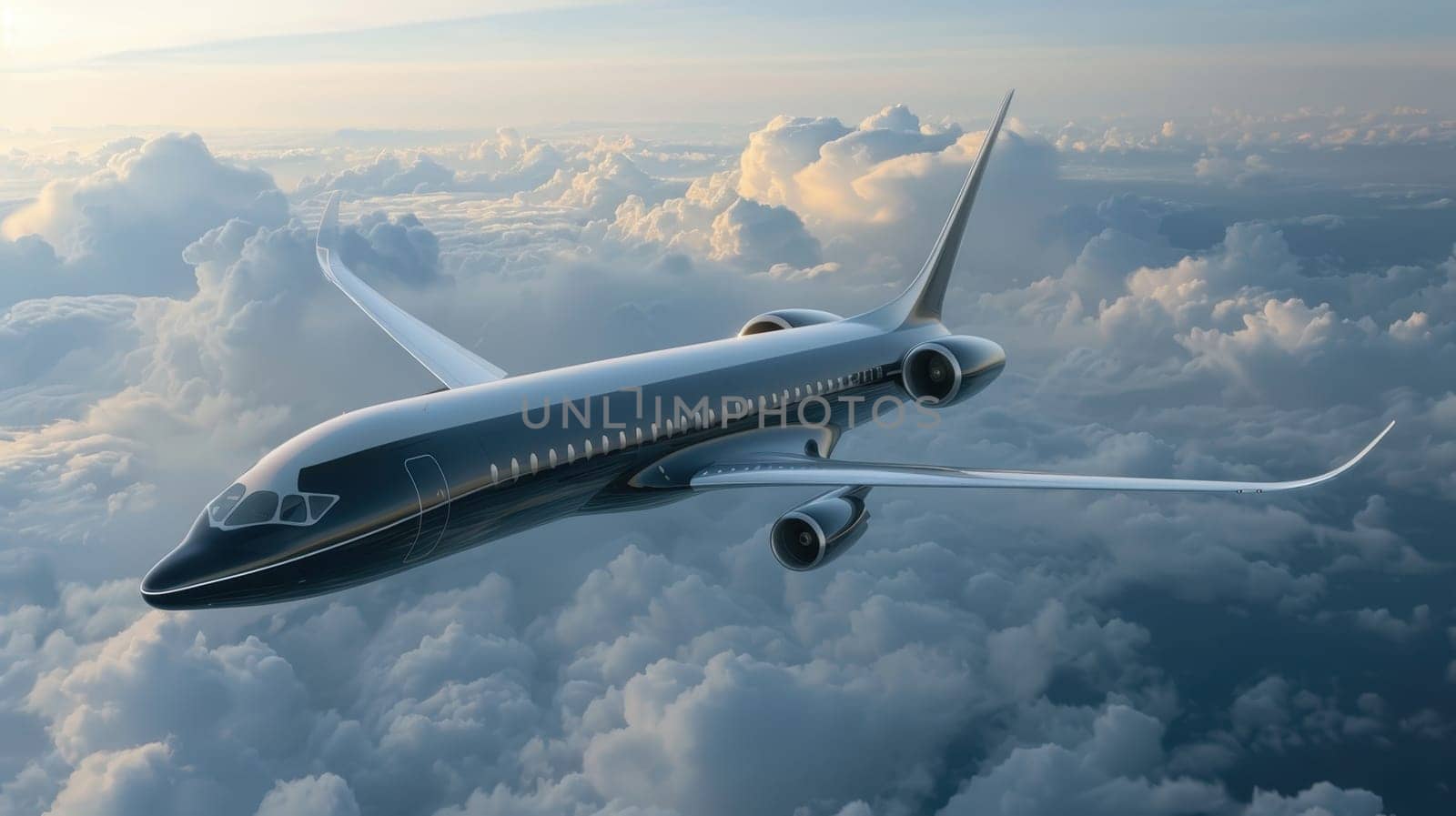 Futuristic airplane flying above the clouds. for science fiction or military aviation backgrounds.
