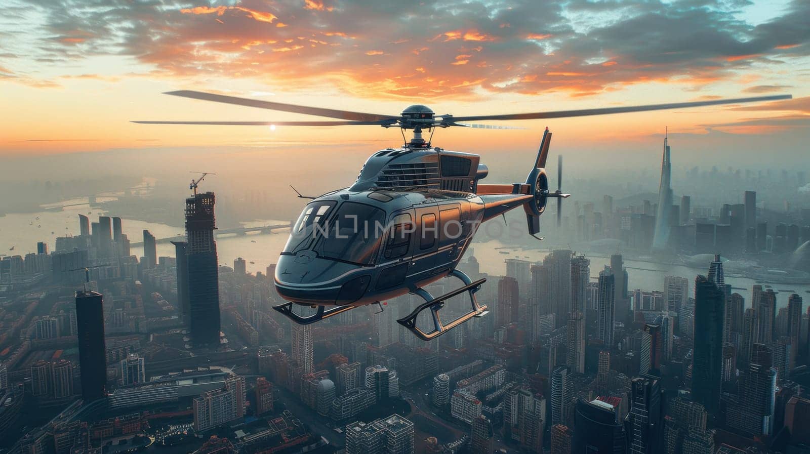 An image of a city helicopter flying over the city.