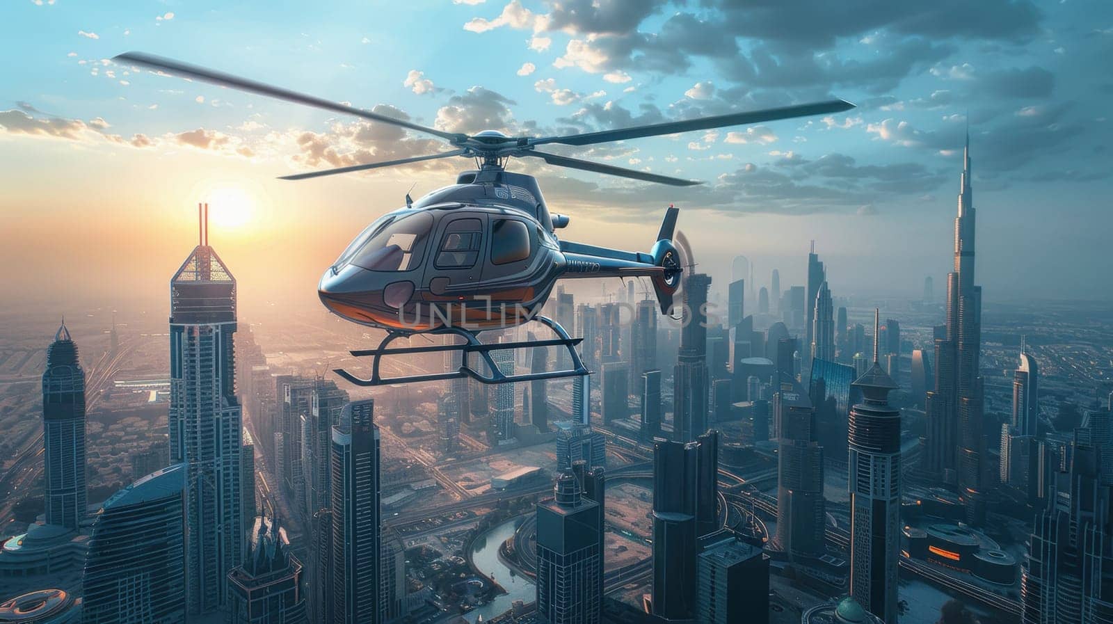 An image of a city helicopter flying over the city.