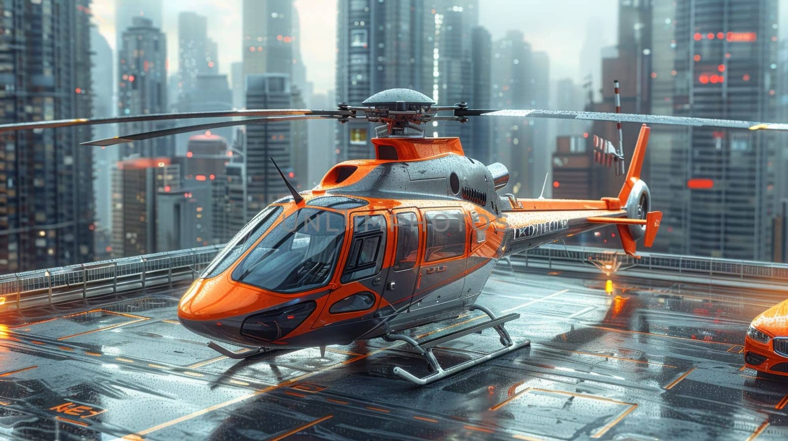 A helicopter landing on the helipad of a skyscraper. Building with a helipad.