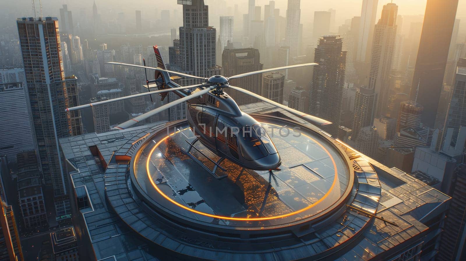 A helicopter landing on the helipad of a skyscraper. Building with a helipad.