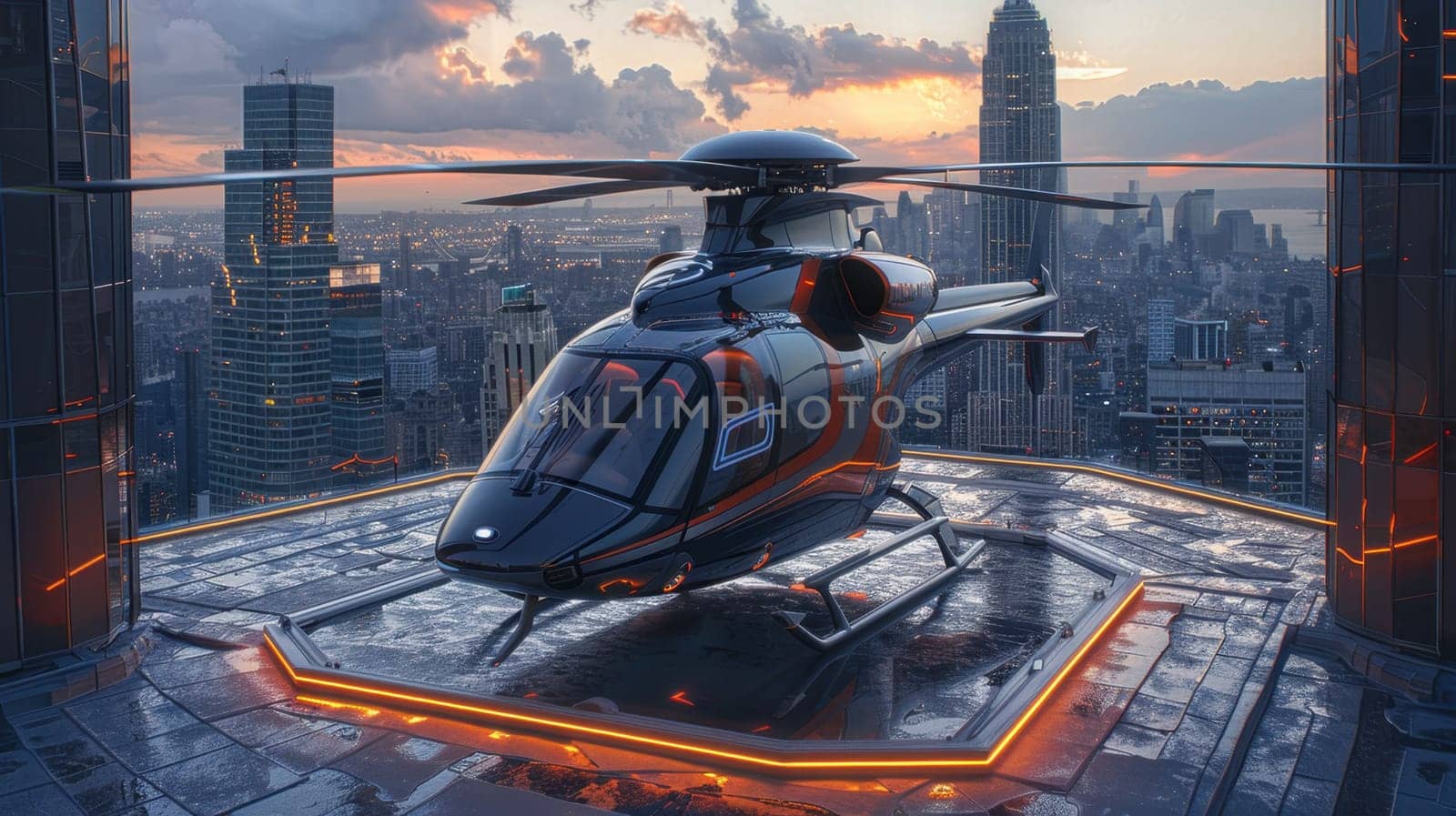 A helicopter landing on the helipad of a skyscraper. Building with a helipad.
