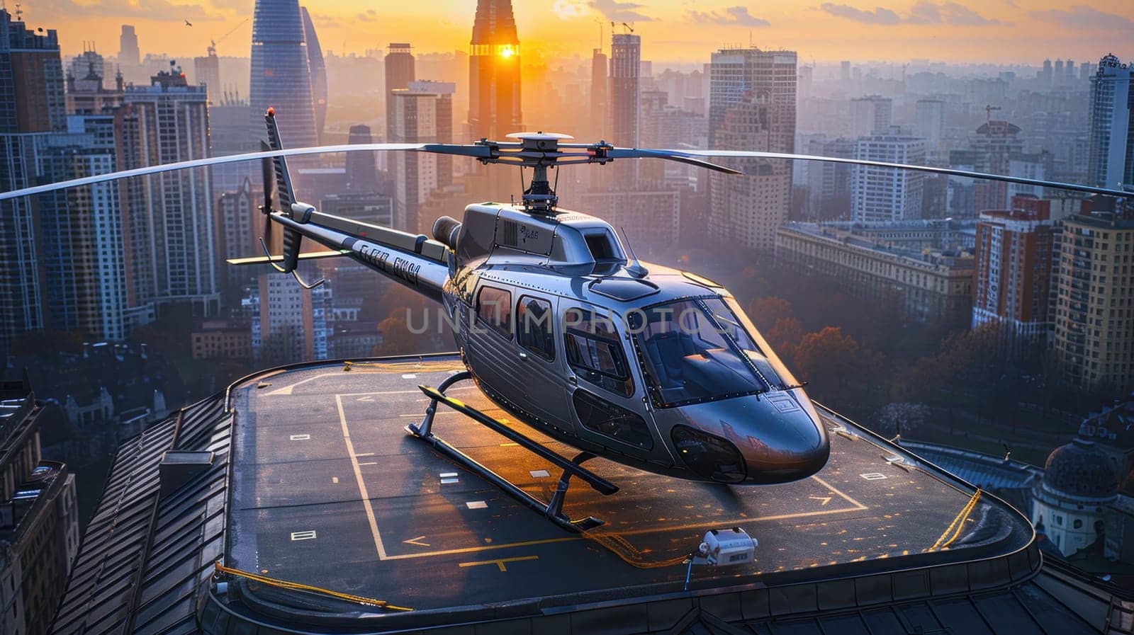 A helicopter landing on the helipad of a skyscraper. Building with a helipad.