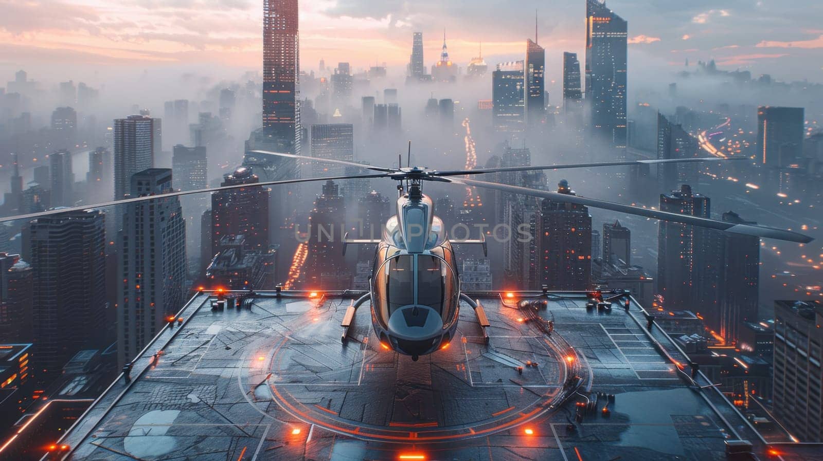 A helicopter landing on the helipad of a skyscraper. Building with a helipad.