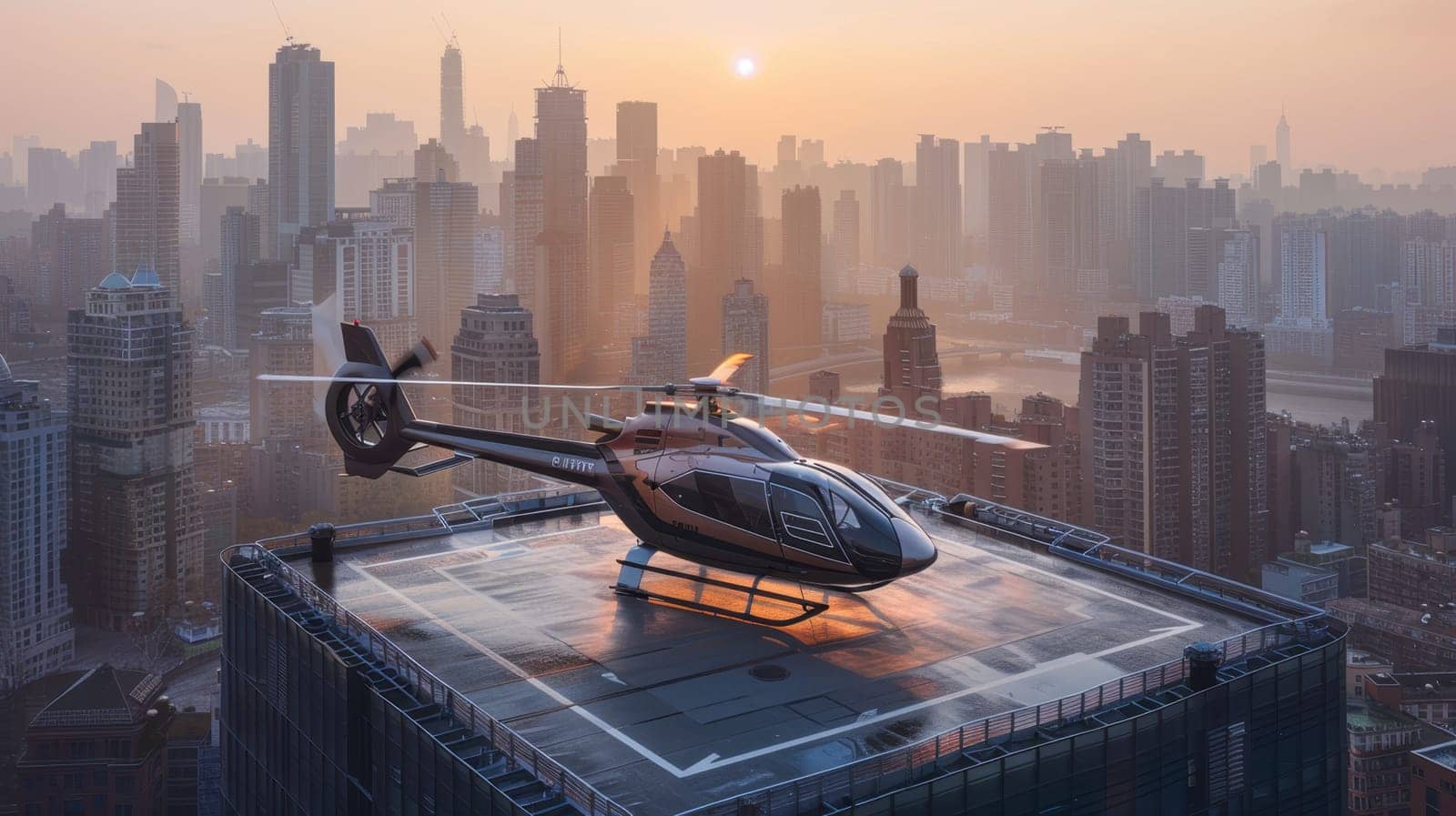 A helicopter landing on the helipad of a skyscraper. Building with a helipad.