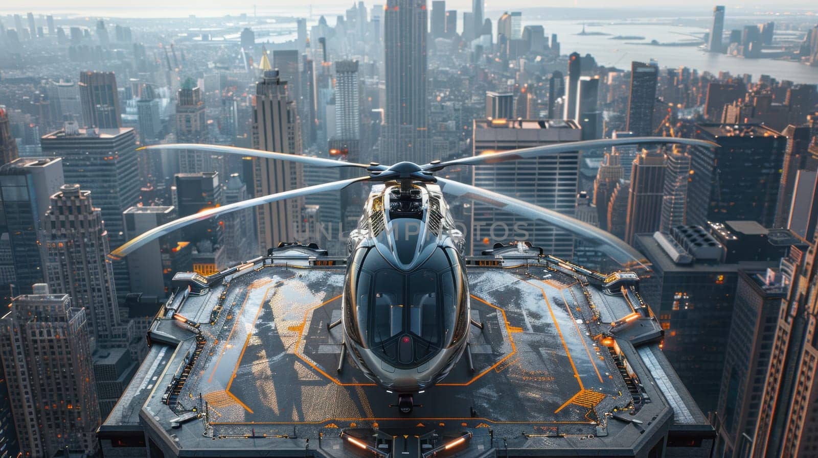 A helicopter landing on the helipad of a skyscraper. Building with a helipad.