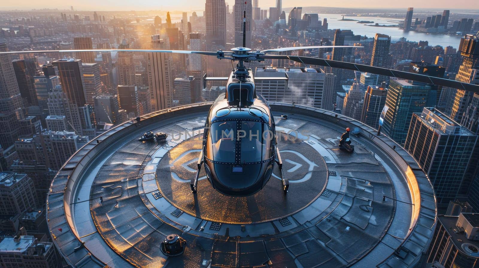 A helicopter landing on the helipad of a skyscraper. Building with a helipad.