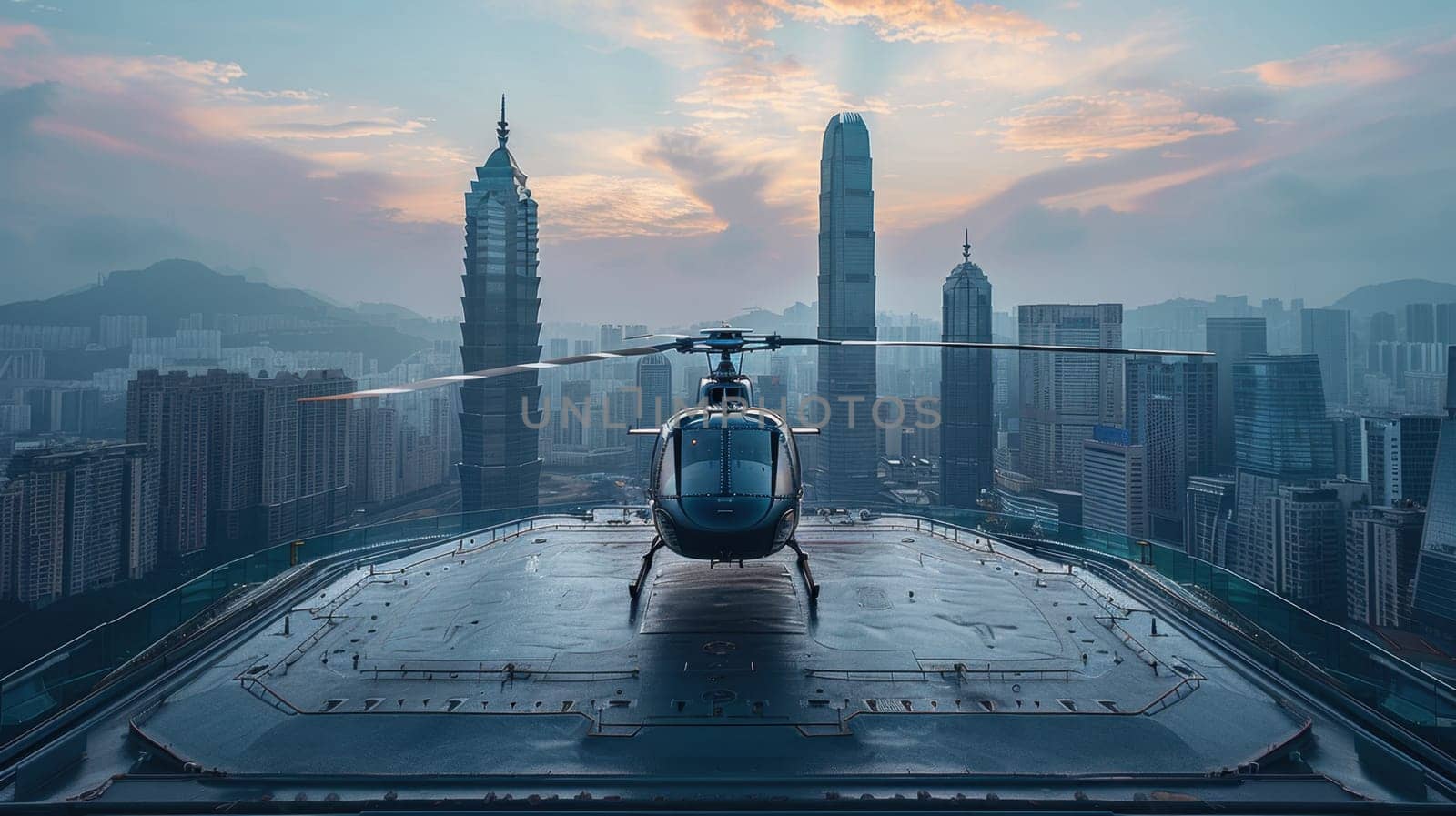 A helicopter landing on the helipad of a skyscraper. Building with a helipad.