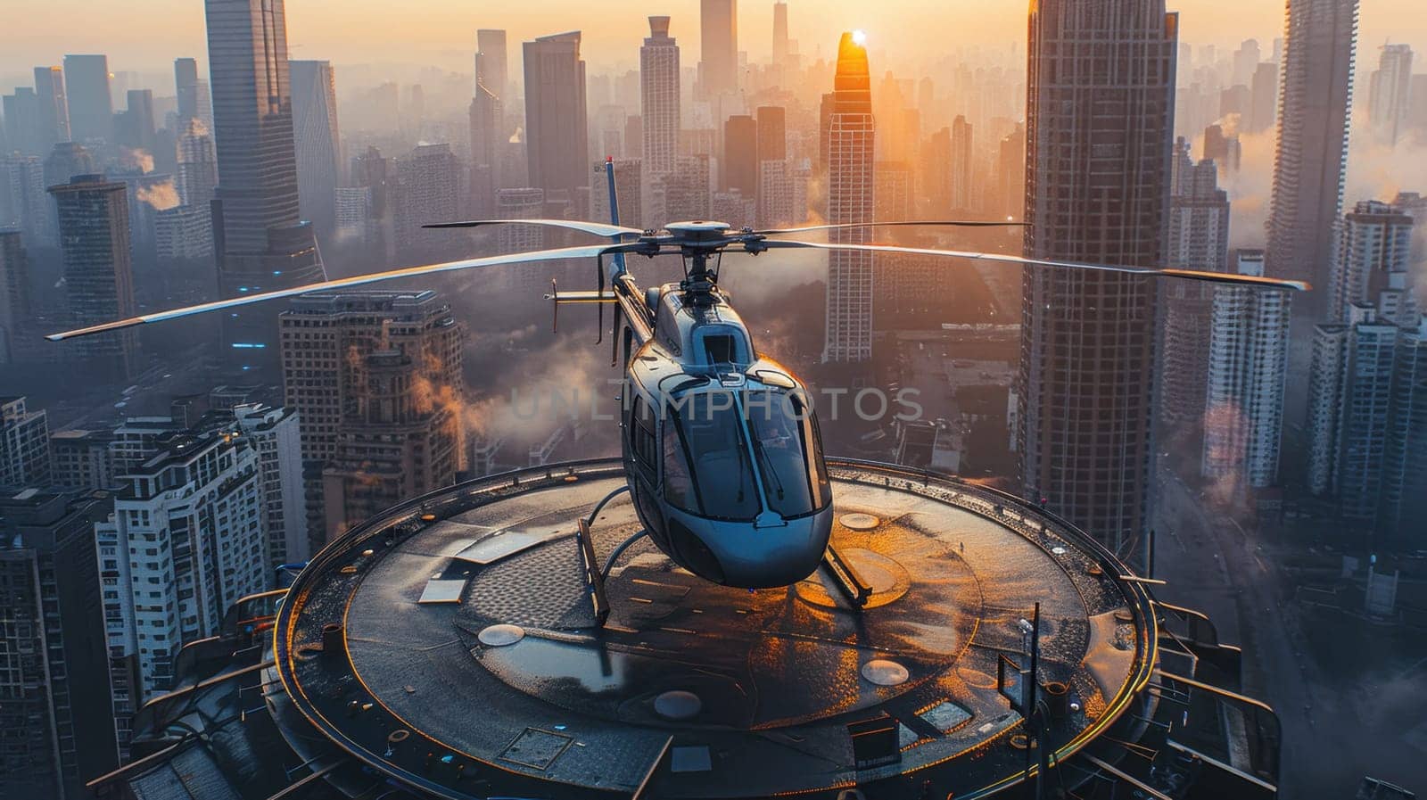 A helicopter landing on the helipad of a skyscraper. Building with a helipad.