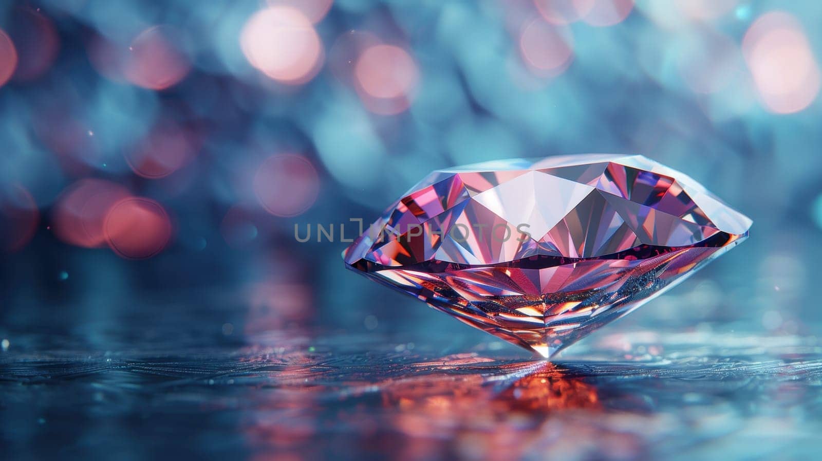 Large cut diamond on beautiful blurred background. For advertising of luxury jewelry stores.