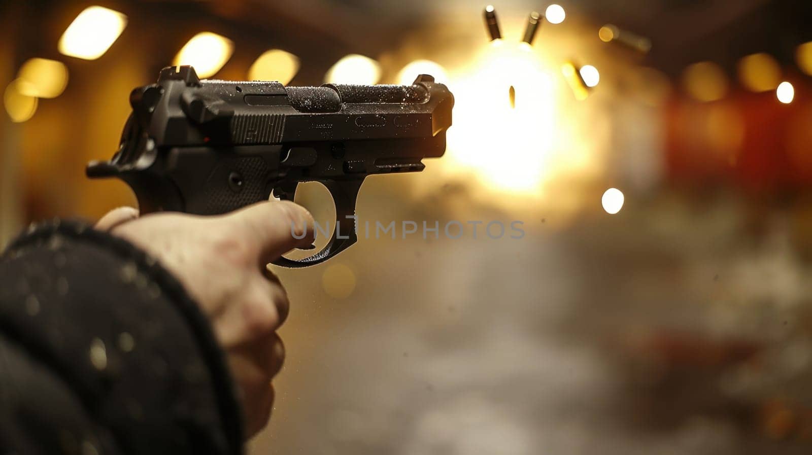 A handgun with a flying bullet. A hand holding a gun on a blurry background.