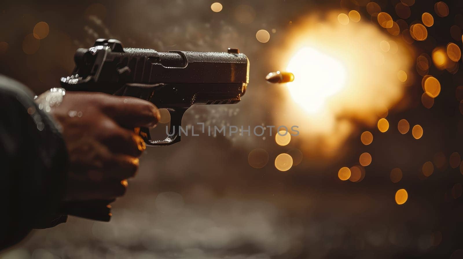 A handgun with a flying bullet. A hand holding a gun on a blurry background.