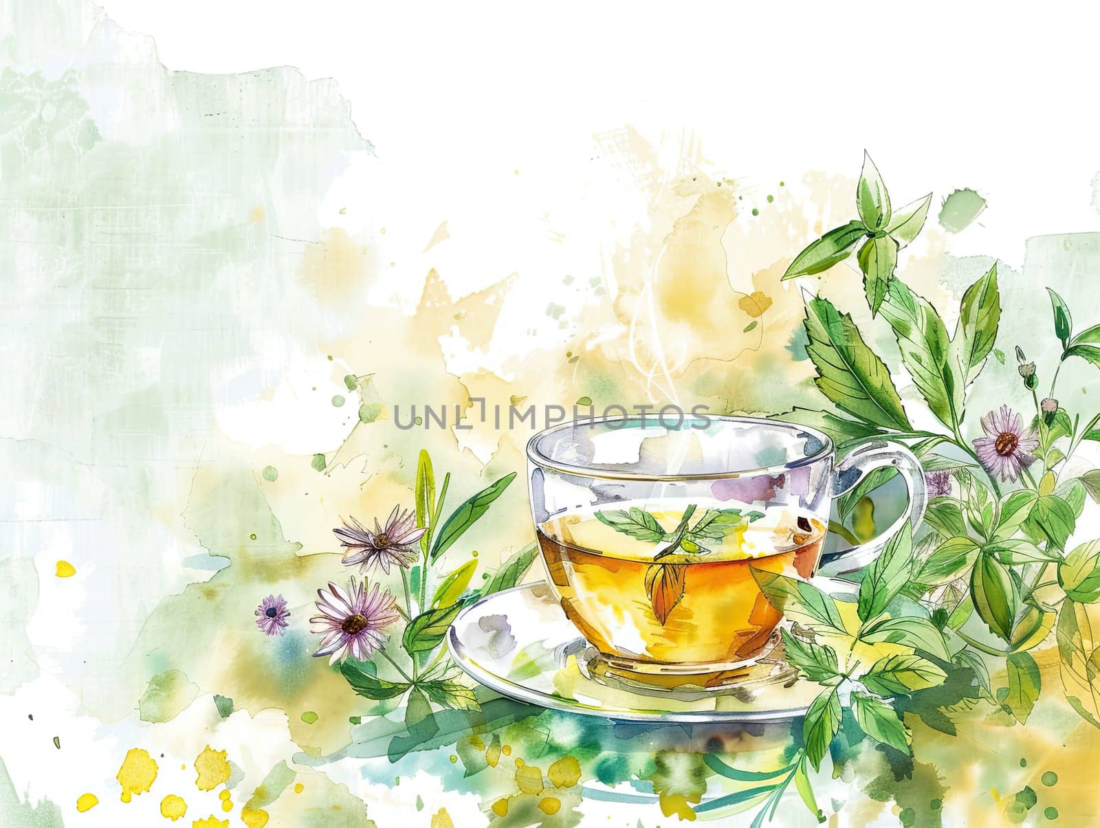 Freshly brewed herbal tea sits in a clear cup on a wooden table, surrounded by vibrant green mint leaves, suggesting a calm garden atmosphere.