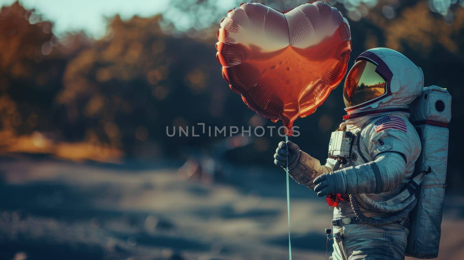 An astronaut on the moon with a red heart balloon. Astronaut on another planet with a heart in his hand.