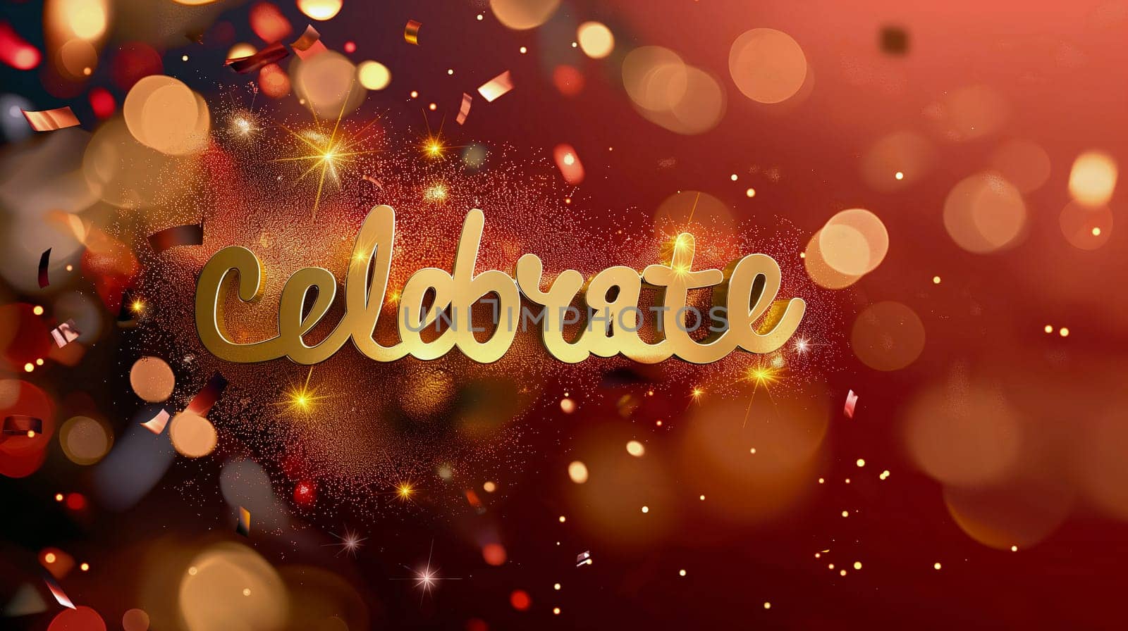 Golden lettering spelling celebrate shines amid a colorful and sparkly backdrop filled with bokeh and confetti, perfect for festive occasions and joyful events - Generative AI
