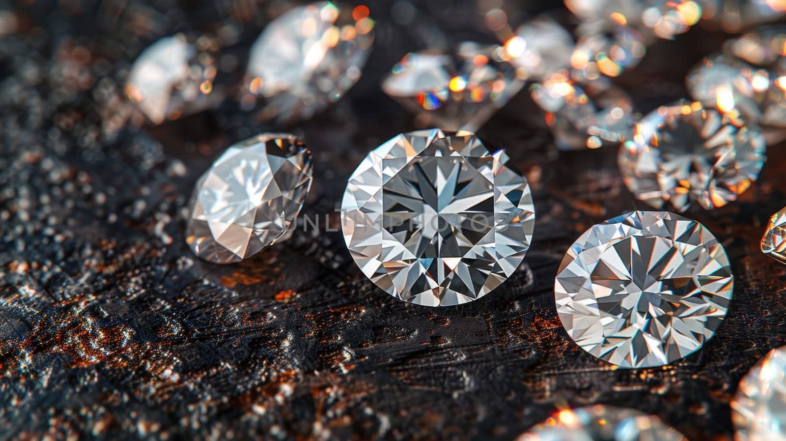 Lots of Realistic Diamonds on the table. Jewels on abstract background.