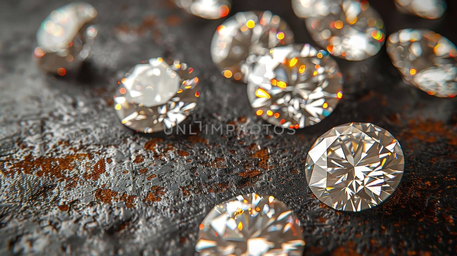 Lots of Realistic Diamonds on the table. Jewels on abstract background.
