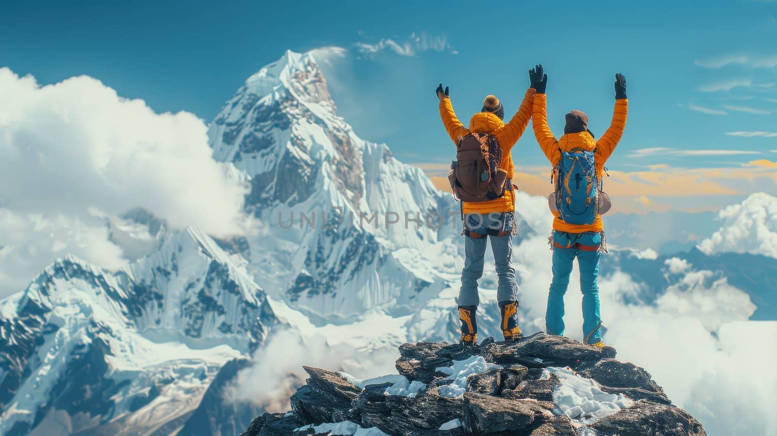 A couple with backpacks over their shoulders on a snowy mountain. Couple happy to have climbed to the top of the mountain.
