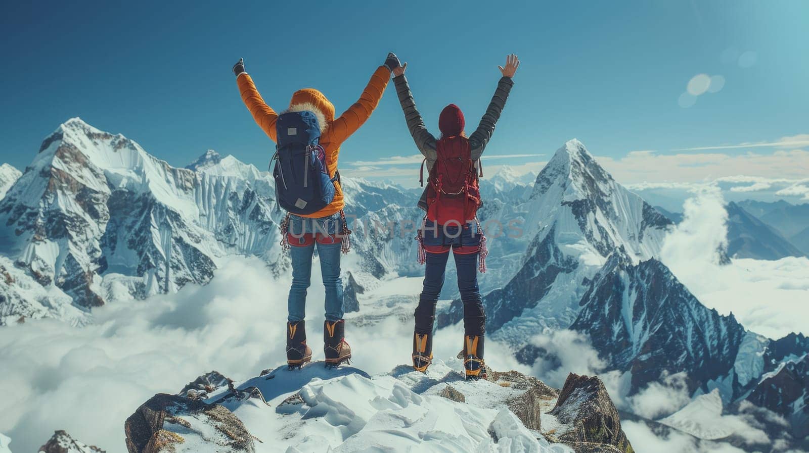 A couple with backpacks over their shoulders on a snowy mountain. Couple happy to have climbed to the top of the mountain.