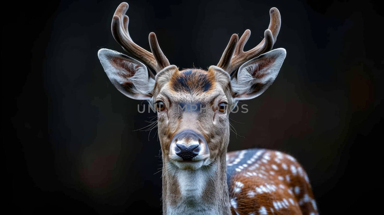 Portrait of a Deer with antlers on a black background. a species of ruminant mammals native to Europe.