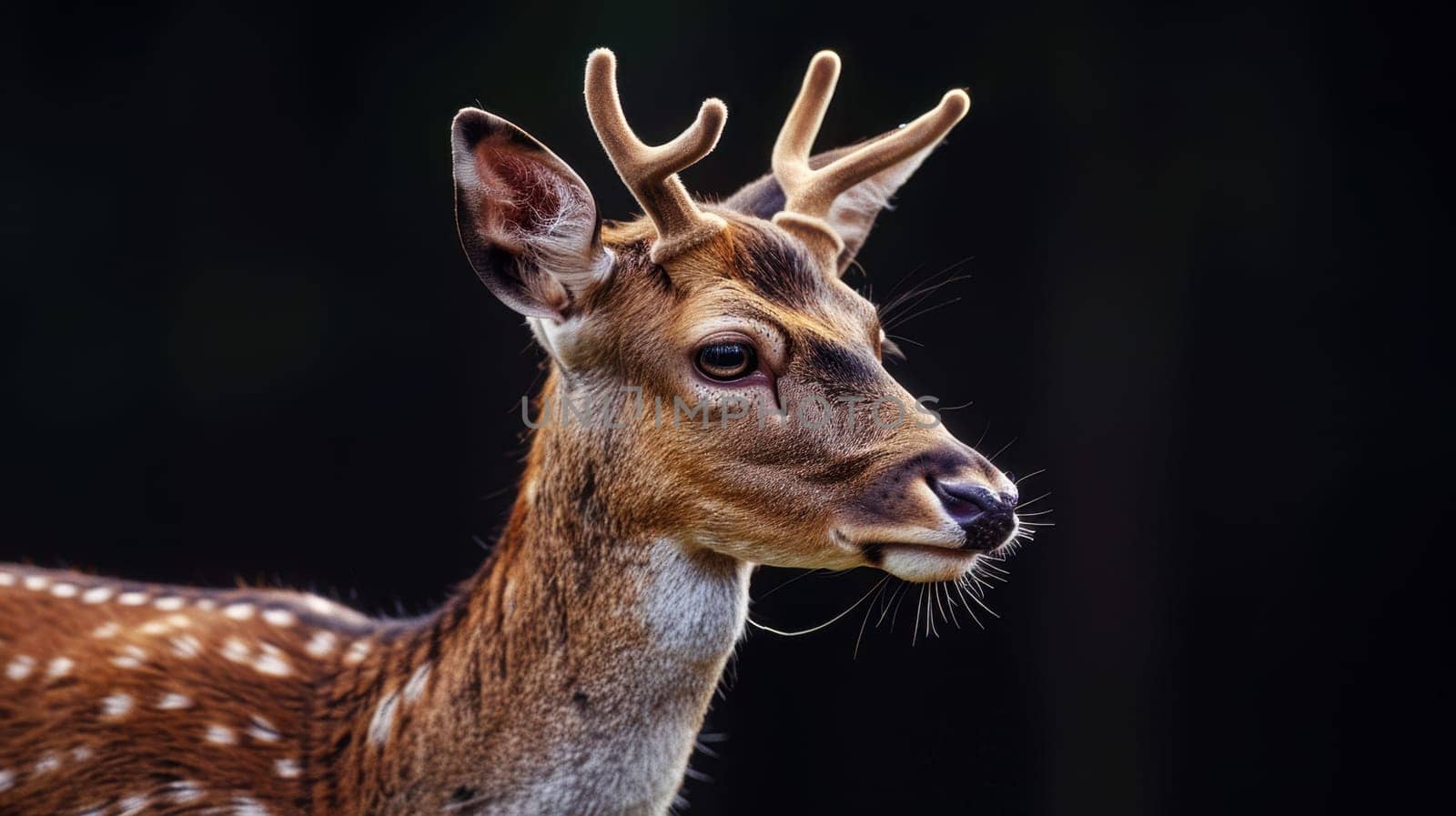 Portrait of a Deer with antlers on a black background. a species of ruminant mammals native to Europe.