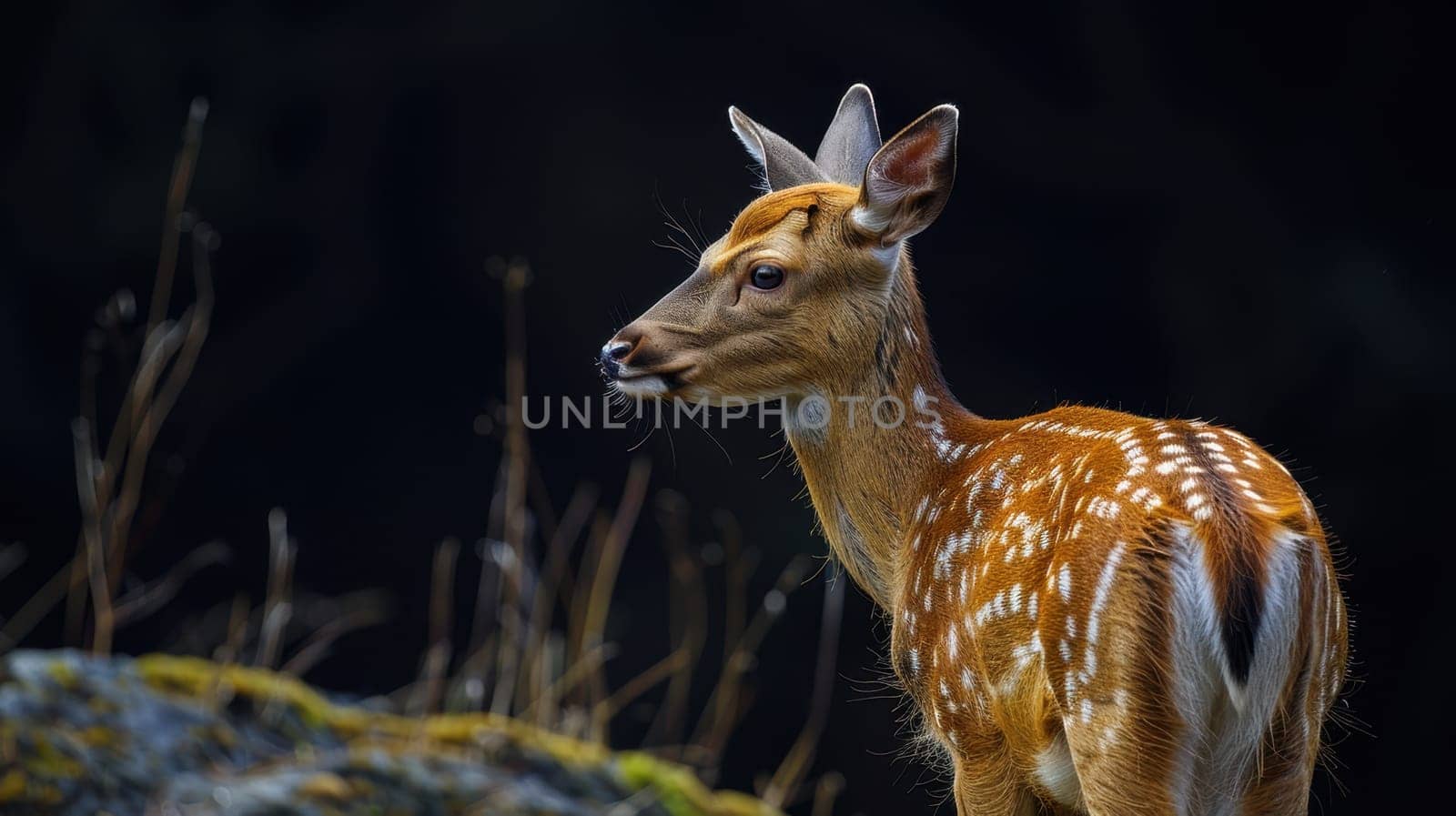 Portrait of a Deer with antlers on a black background. a species of ruminant mammals native to Europe.