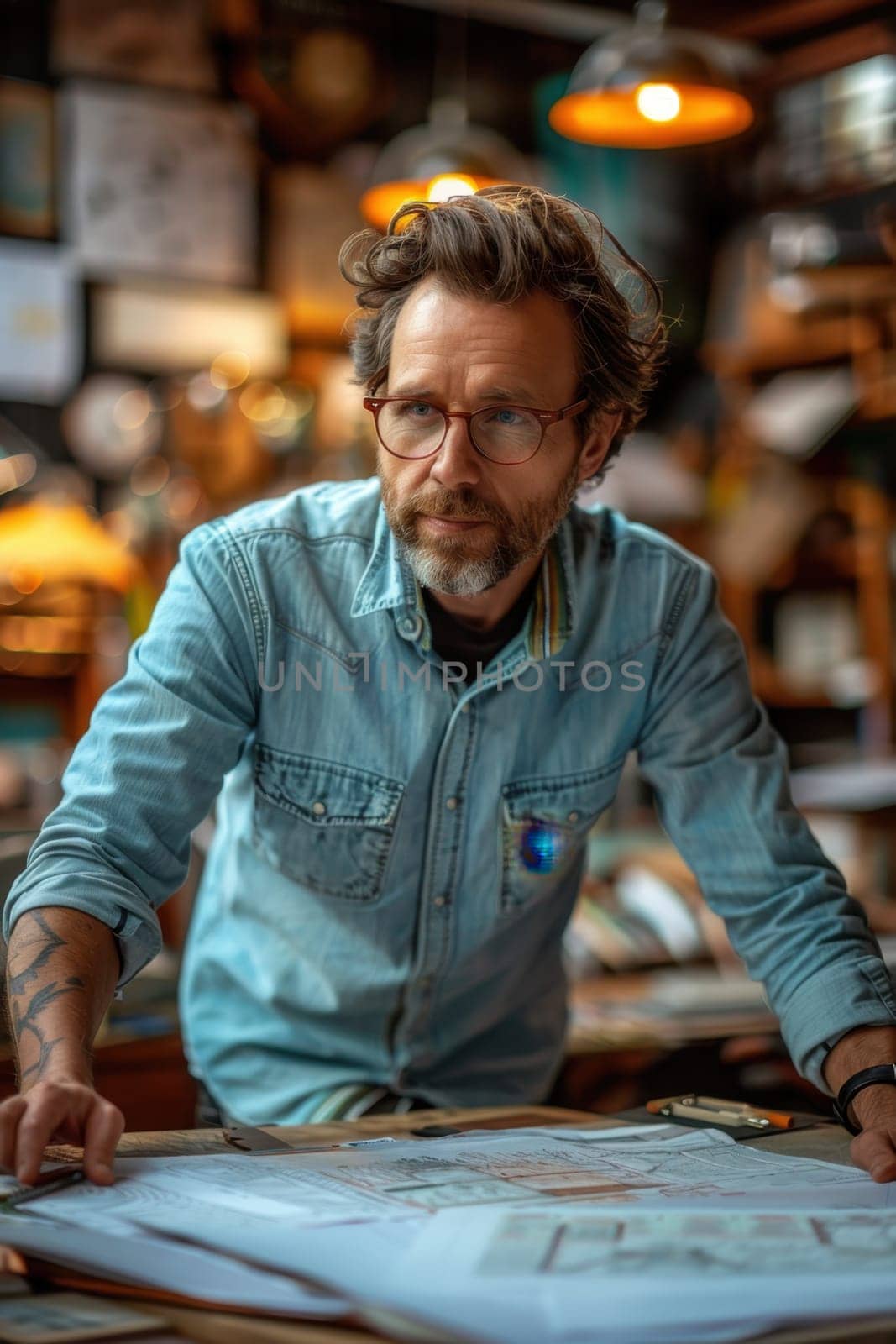 Architect working in office on project . Portrait of a design engineer at work.