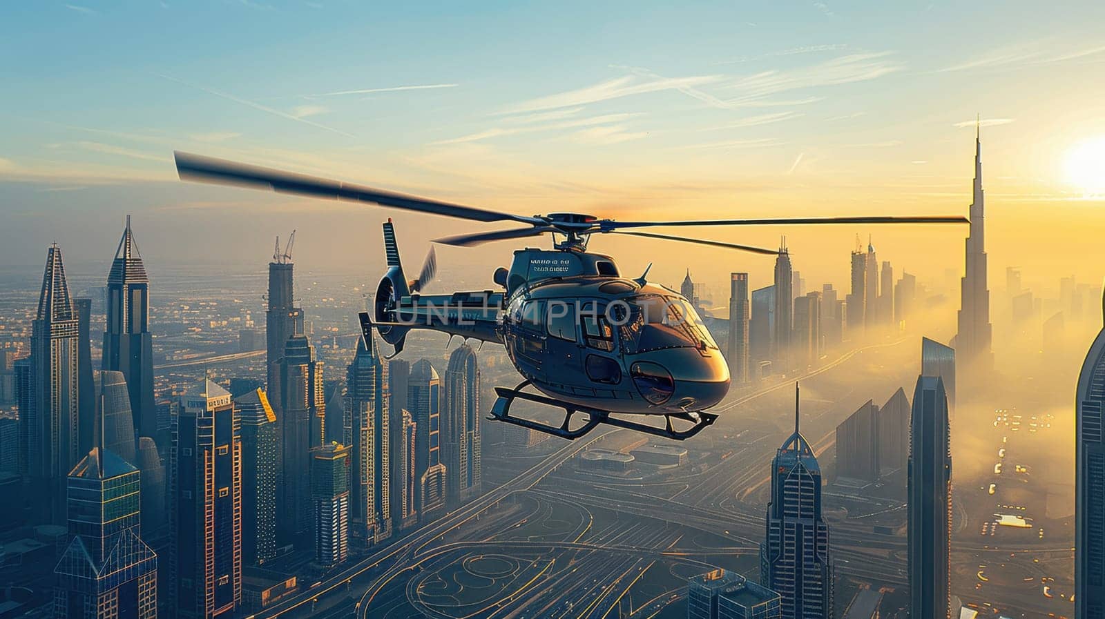 a multi-role military helicopter over the city. Helicopter flying over the city.