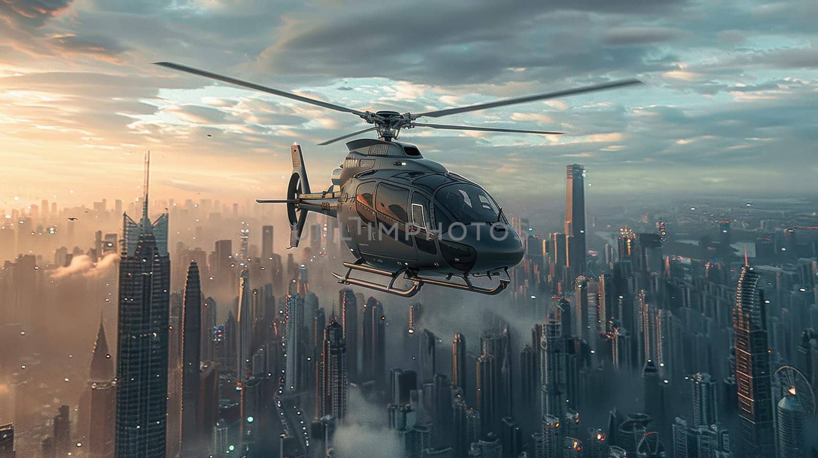a multi-role military helicopter over the city. Helicopter flying over the city.