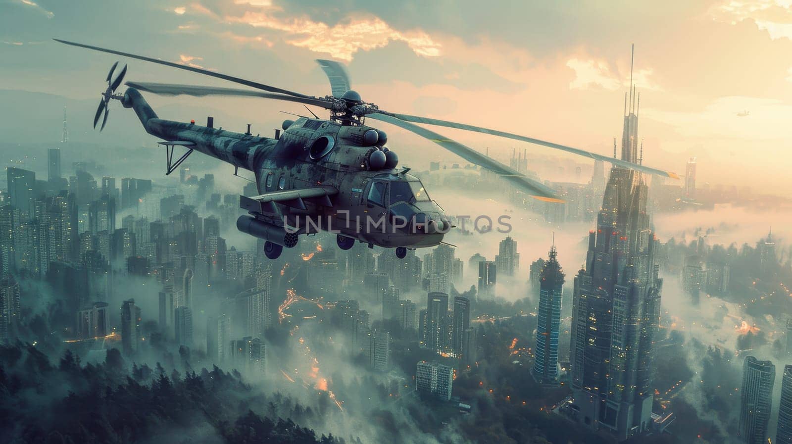 a multi-role military helicopter over the city. Helicopter flying over the city.