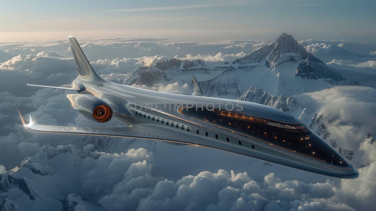 Futuristic airplane flying above the clouds. for science fiction or military aviation backgrounds.
