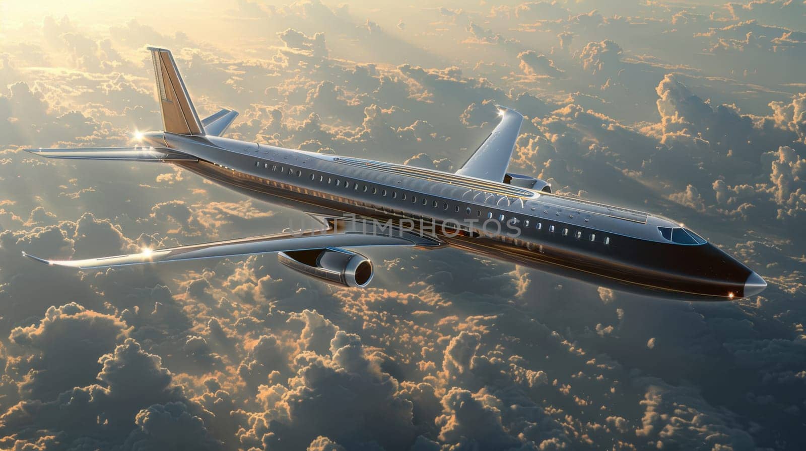 Futuristic airplane flying above the clouds. for science fiction or military aviation backgrounds.